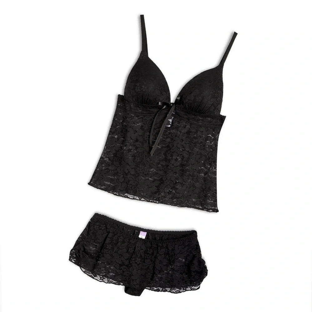 NWT Lingerie Set Lilac+London Stretch Lace Cami And Skirted Panty Black Size L
